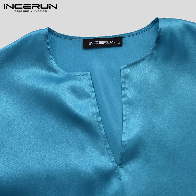INCERUN, брендовый халат для сна, для мужчин, сплошной цвет, шелк, атлас, мешковатые, v-образный вырез, длинный рукав, карман, сексуальная одежда для сна, домашнее, для мужчин, s, пижамы, халаты
