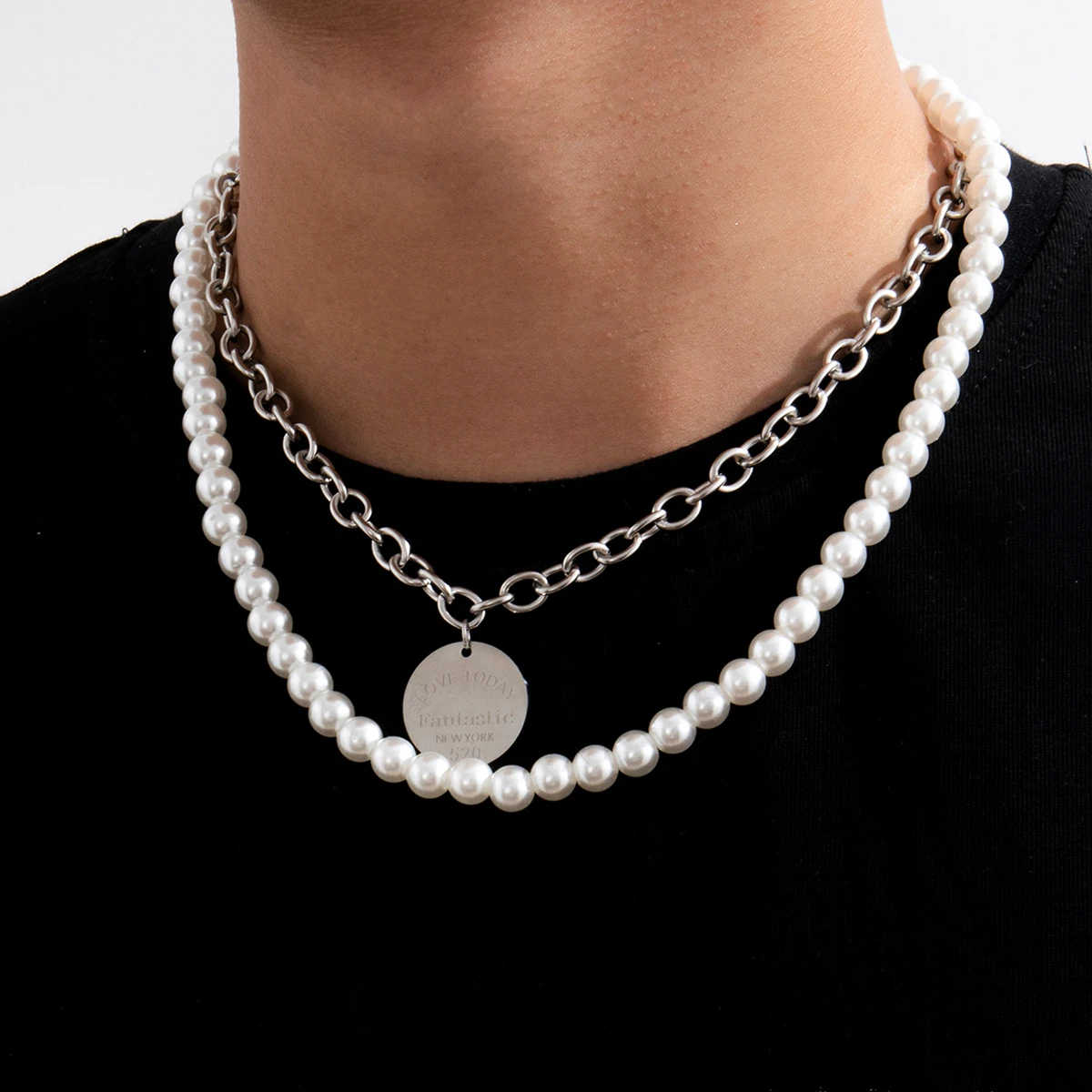 

IngeSight.Z Men Stainless Steel Carved Coin Pendant Necklace Multi Layered Imitation Pearl Choker Necklaces Collier Neck Jewelry