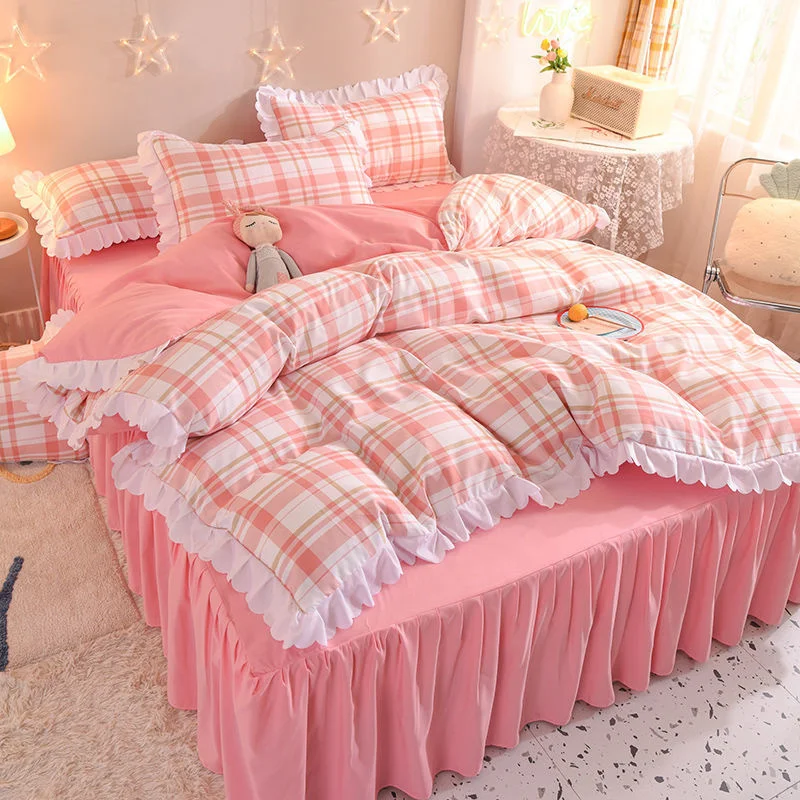 

Small fresh bed skirt four-piece princess girl heart quilt cover three-piece set cover sheet bed cover bedding