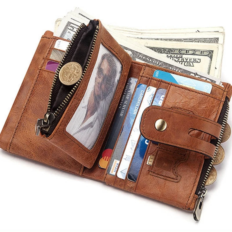

Credit Card Leather Bifold Wallet RFID Blocking Double Zipper Cash Coin Purse