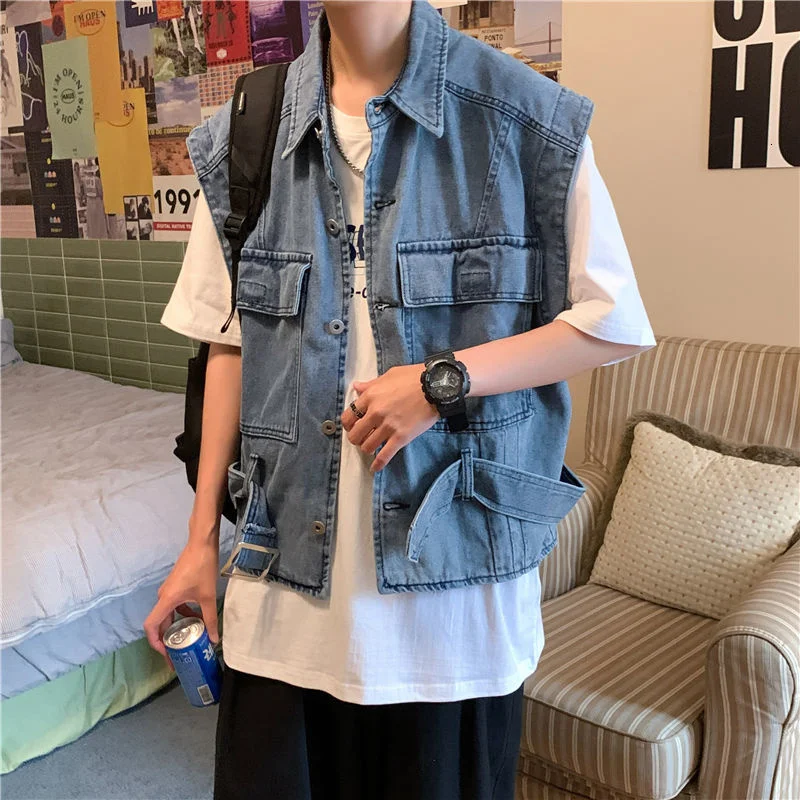 

2021 new Korean version street ruffian handsome loose personality denim casual sleeveless Best vest blue Free shipping