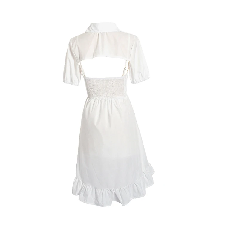 

Elegant Sweet Back Hollow Out Simple Solid Dresses Korean Style Casual A Line Femme Robe Turn Down Collar Short Sleeve Vestidos