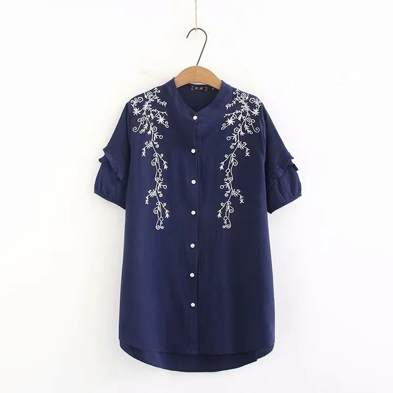 Блузка женская с вышивкой в полоску х/б коротким рукавом | Женская одежда