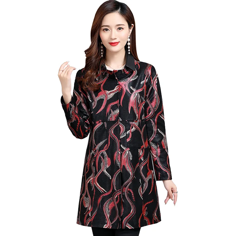 

Middle aged mother slim fit sheep skin printed medium length coat 2020 spring autumn Haining leather garment women's single