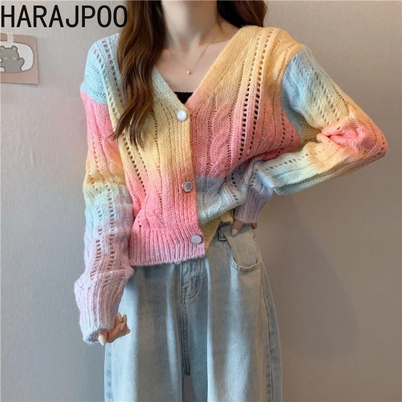 

Женский кардиган Harajpoo, модный вязаный свитер в Корейском стиле, новинка сезона весна-осень 2021 года, нежный ажурный укороченный жакет с милым...