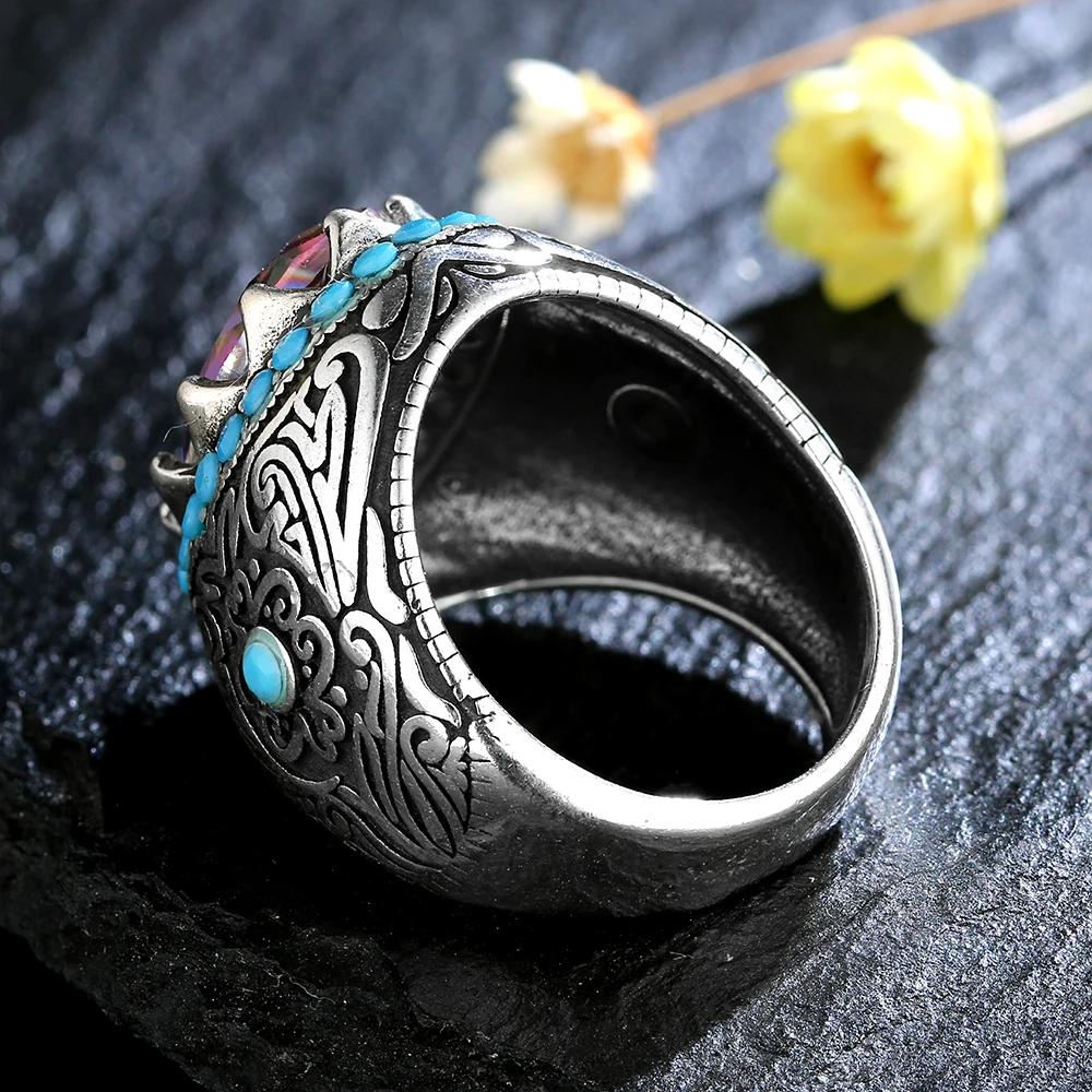 

Silver Ring for Men Woemn with Oval Blue Zircon Stone Ring Retro Multi-color Gemstone Male Thai Silver Turkish Jewelry Wholesale