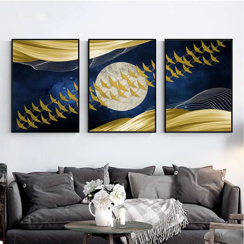 Абстрактная Луна стены искусства холст картины золотые горы птицы плакаты на