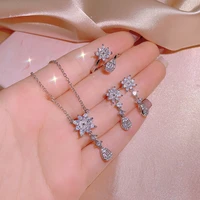 fine beauty style three piece jewelry aaaa shiny zircon flower shape tassel earring necklace adjustable ring bridal jewelry set