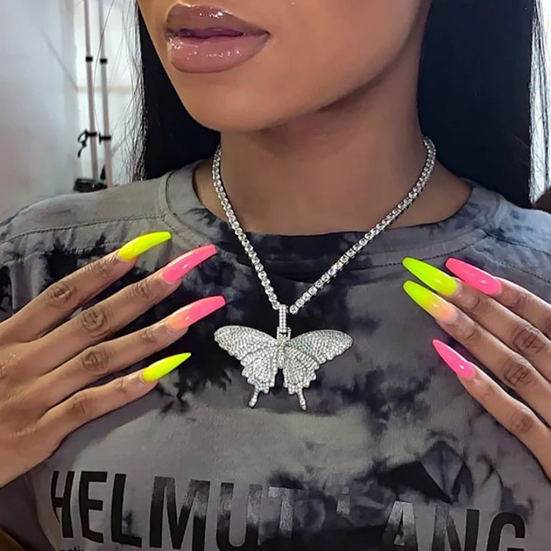 

Flatfoosie 4MM Luxury Iced Out Zircon Chain Choker Necklace Women Multicolor Big Butterfly Pendant Necklace Statement Jewelry