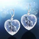 Женские серьги в форме сердца, со снежным волком и кристаллами