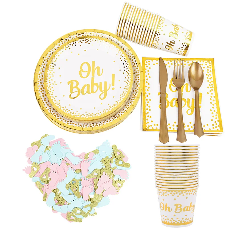 

New Golden Dot Disposable Tableware Set Oh Baby Paper Plates Cups Napkins For Kids Birthday Baptism Party Supplies Baby Shower