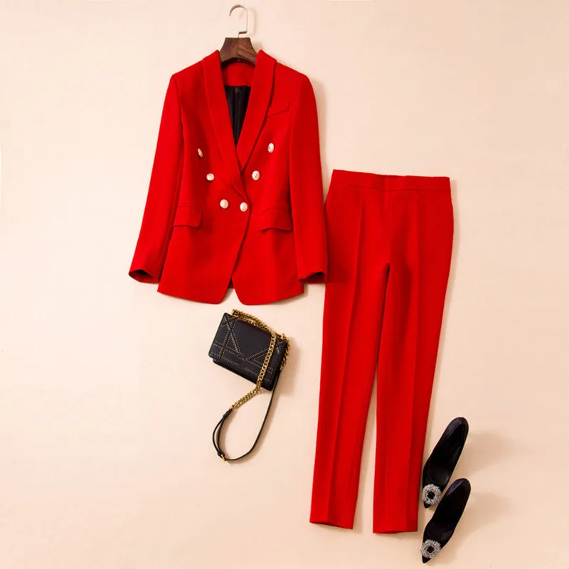 2019 Fall high quality OL suits Chic double-breasted blazers jackets + ninth pants 2pieces set Chic women elegant pantsuit A743