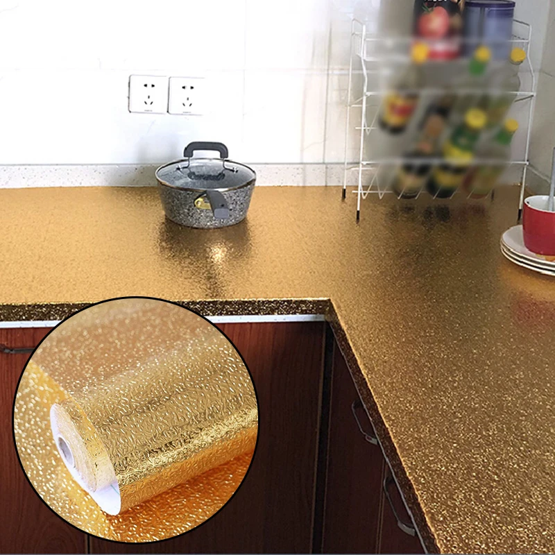 

40x100cm Kitchen Oil Proof Aluminum Foil Sticker Wall Stove Cabinet Self Adhesive Waterproof Film DIY Wallpaper Gold Silver Roll