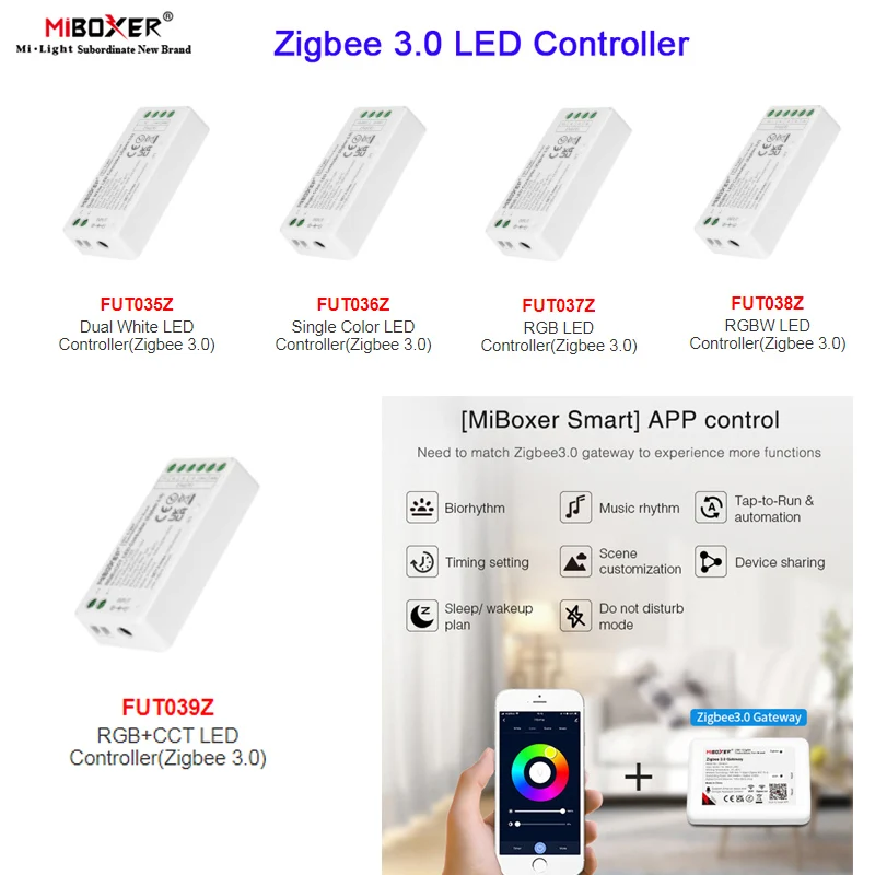 

Miboxer Zigbee 3.0 Gateway/LED Controller DC12V 24V Max 12A Single Color/Dual White/RGB/RGBW/RGB CCT LED Strip Lamp bulb dimmer