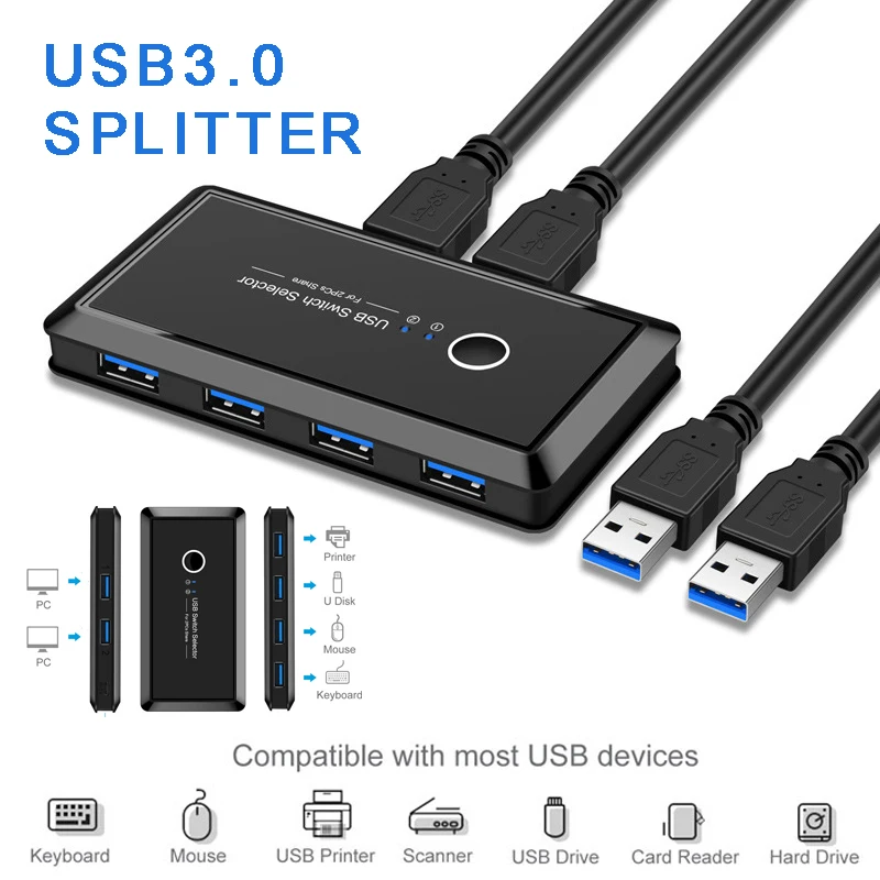 

Портативный селектор-переключатель USB3.0 из прочного алюминиевого сплава, 2 шт., для компьютеров с общим доступом на 4 порта, сплиттер для клав...