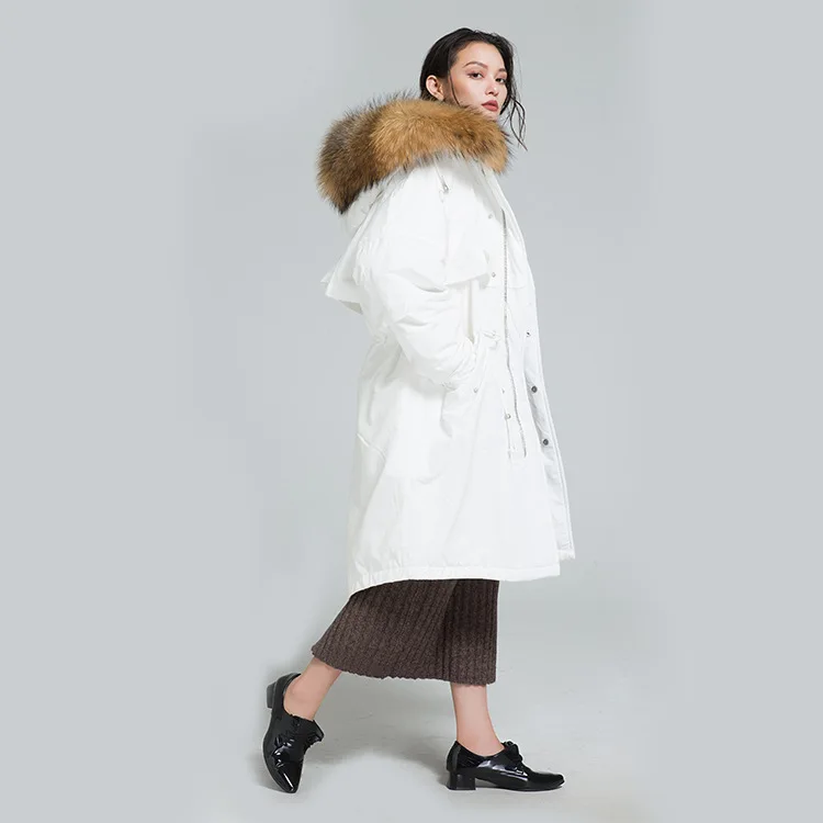

2020 winter down jacket women mid-length fashion thickened waist raccoon fur white duck down loose coat