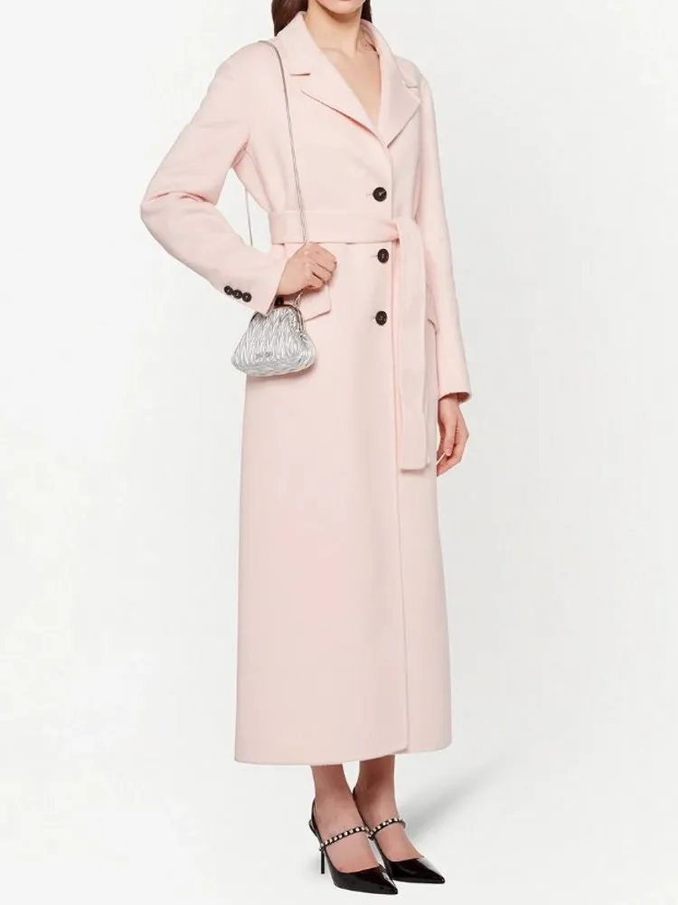 

X-Long Coat For Women New Autumn Winter Simple Single Breasted Light Pink With Sashes Imitation Cashmere Straight Overcoat
