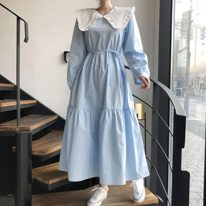 

2021 Summer Peter Pan Collar Patchwork Bandage Women Dress Fashion Sweet Students Girls Dresses