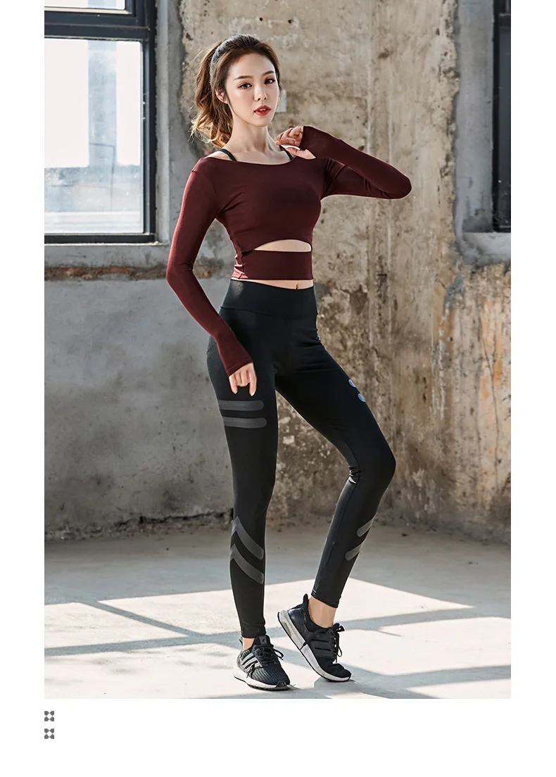 Wine red 2 Piece Одежда для йоги, спортивная одежда для женщин, спортивный костюм для спортзала, Женский комплект для йоги, одежда для фитнеса, одежда с длинным рукавом, бюстгальтер, леггинсы, 3/2 шт - Цвет: Wine red 2 Piece