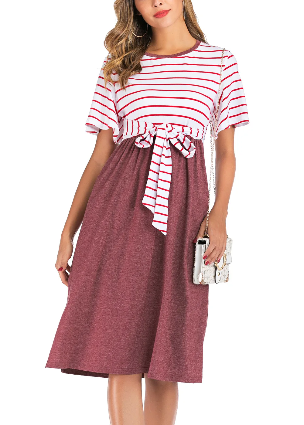

2021 fashion short-sleeved striped dress round-necked pregnant women maternity clothes