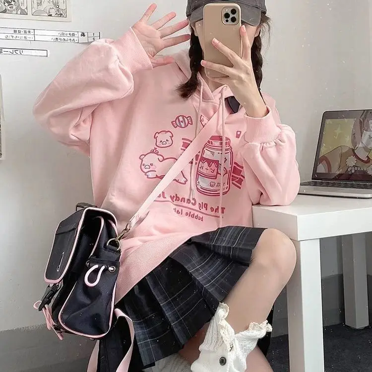 Японская розовая Милая толстовка Женская весенне-осенняя Новая повседневная в