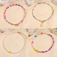 boho rainbow clay choker smiley pearl beaded necklace for women ot buckle necklace soft pottery surfer bead collar y2k jewelry