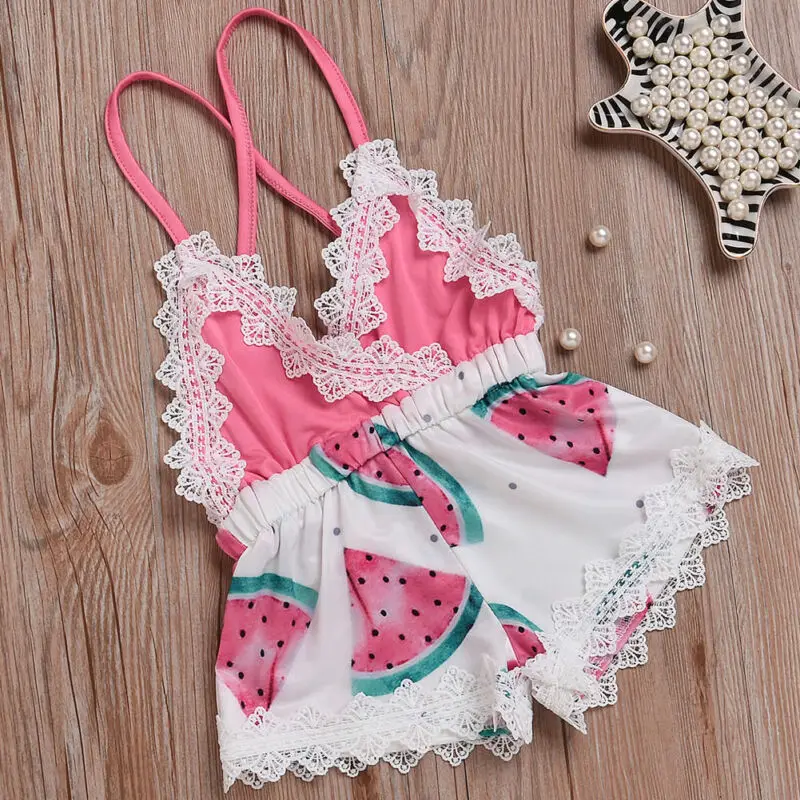 

Summer Newborn Toddler Kids Baby Girl Stappy Lace V-Neck Backless Romper Jumpsuit Outfits For 0-5Years