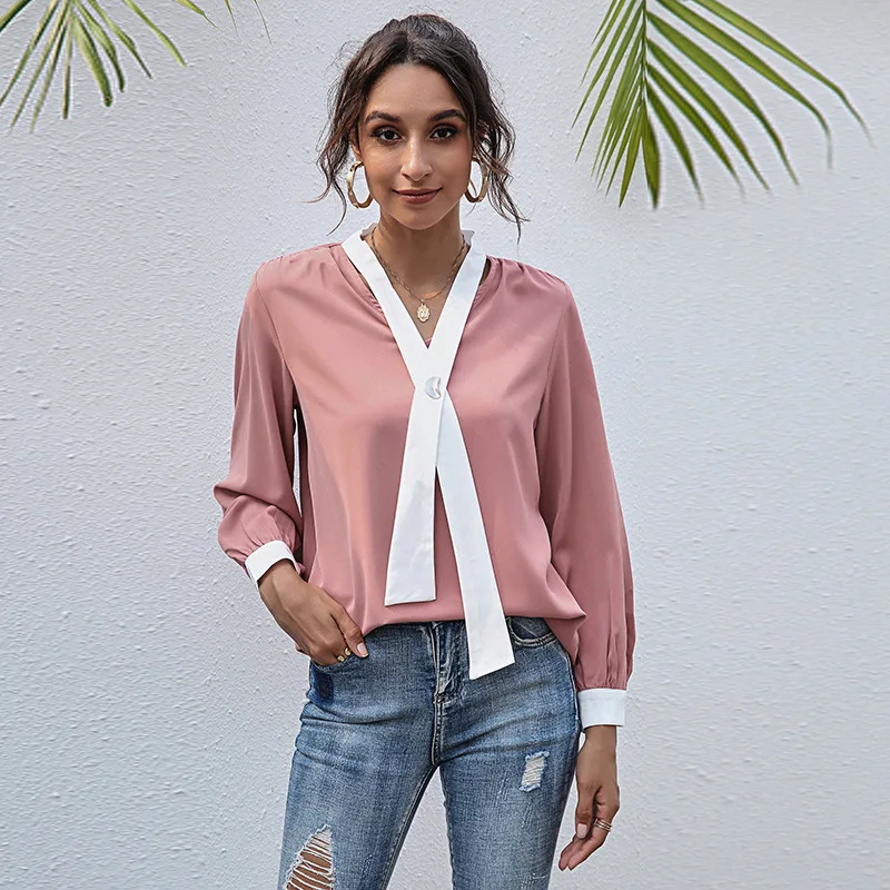 

NewSpring Hot Sale Europe And America V-neck Fashion Temperament Casual Solid Color Women's Shirt B1661 Long Sleeve Shirt Women
