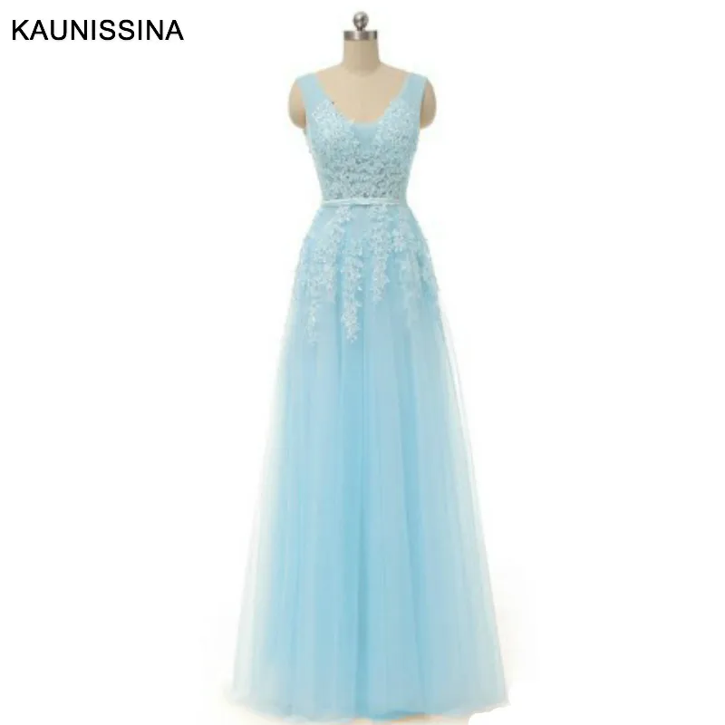 Light Blue KAUNISSINA элегантное вечернее платье размера плюс с аппликацией, вечерние платья для выпускного вечера, вечерние платья с v-образным вырезом, настоящая фотография, Vestido 14 размера s - Цвет: Light Blue