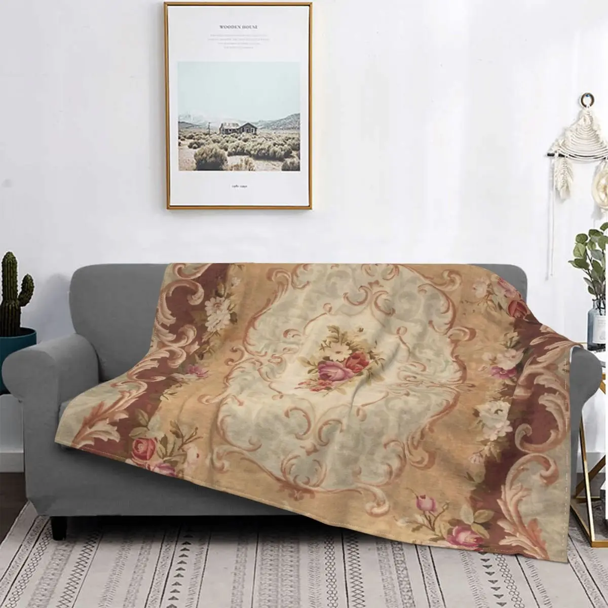 

Manta de Aubusson francesa con estampado Floral, cobertor de cama con capucha, alfombra a cuadros, color rosa antiguo, para invi