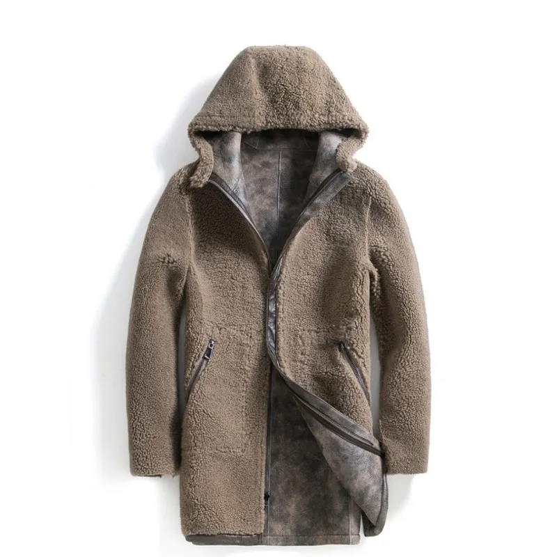 

Quality Reversible High Two Wear Men Genuine Leather Hooded Windbreaker Coat Winter Warm Long Sleeve Sheepskin Jacket Plus Size