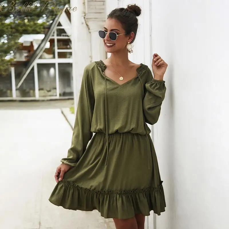 Belle Poque женские свободные платья с длинным рукавом v образный вырез одноцветные