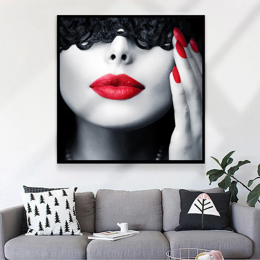 

Modern black veil fashion red lip women canvas painting mural living room corridor bedroom home decoration painting
