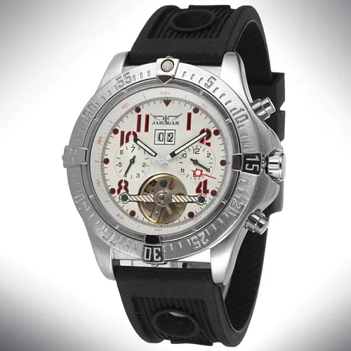 

JARAGAR Fashion trend men's machanical watch calendar fake three-eye innovative hollow design rubber strap machanical watch