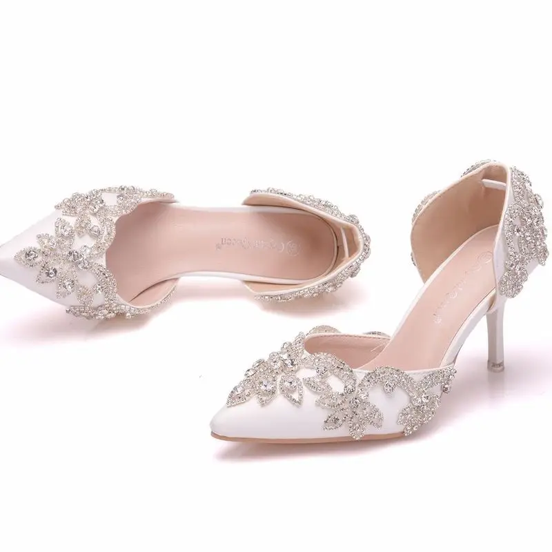 

women sandals wedding Party PU Rhinestones Slip On 7.8CM Thin High heels Pointed Toe women shoes sandalias mujer 2020 size 35-42
