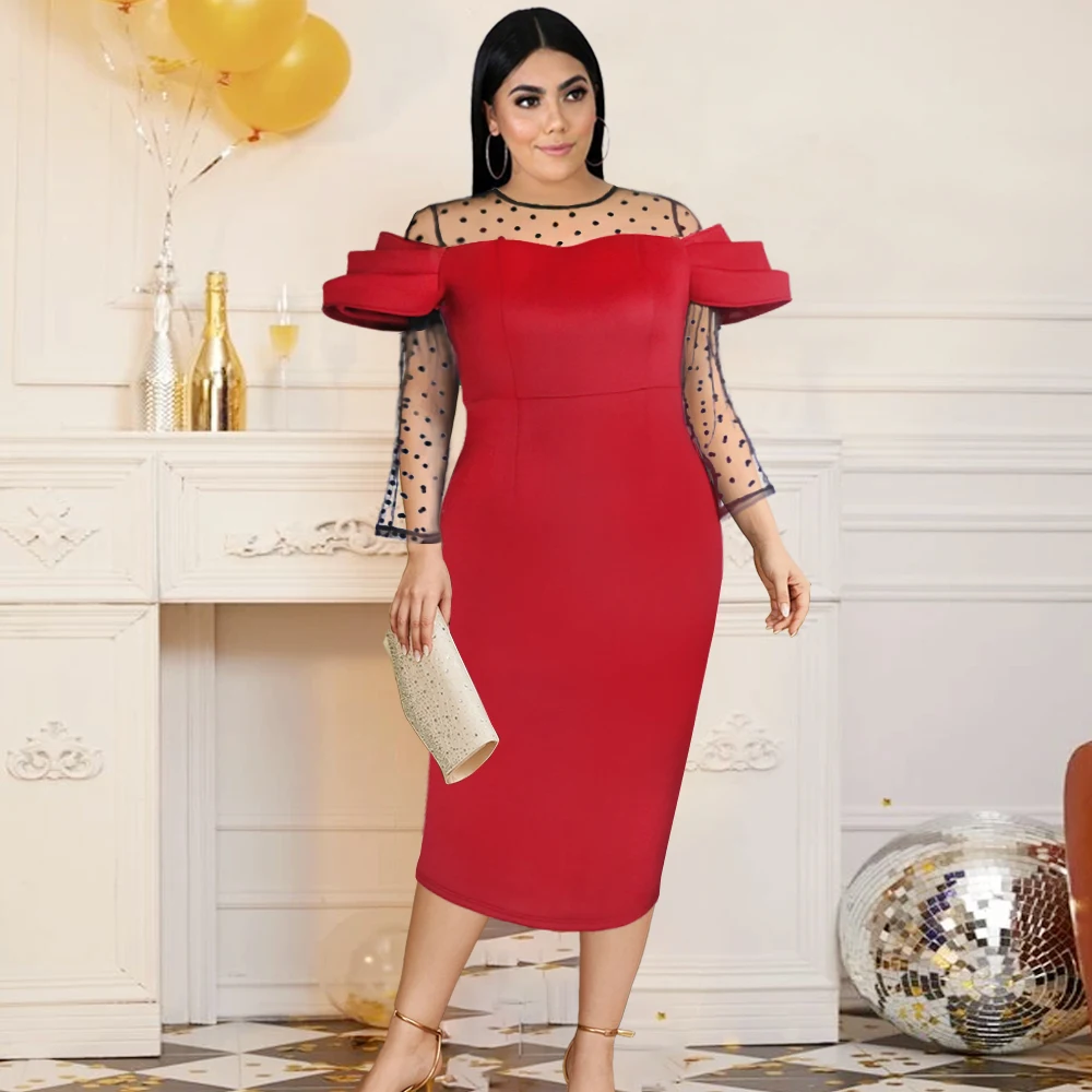 

Vintage Patchwork Plus Size Dresses 4XL Women Sexy Bodycon Three Quater See Trough Dot Sleeve Evening Birthday Party Robes New