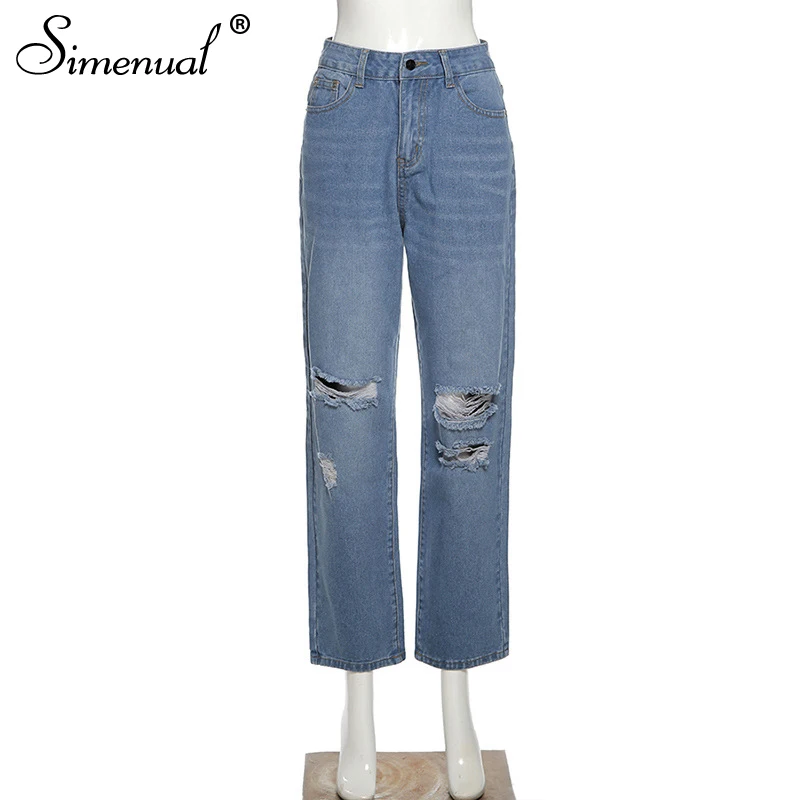 

Simenual Denim Distressed Jeans Ripped Women Zip Up High Waist Streetwear Baggy Pants Blue Fashion Spring Casual Long Trousers