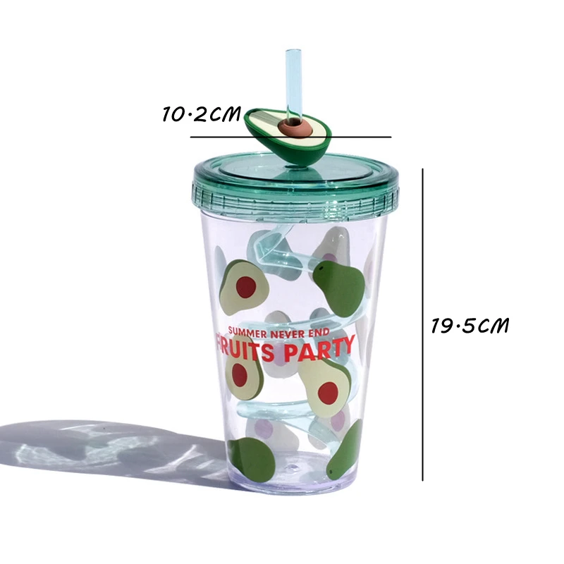 

480ml Cute Avocado Drinking Cup with Rotating Straw BPA Free Plastic Water Bottle Juice Tea Beer Water Cup Mugs