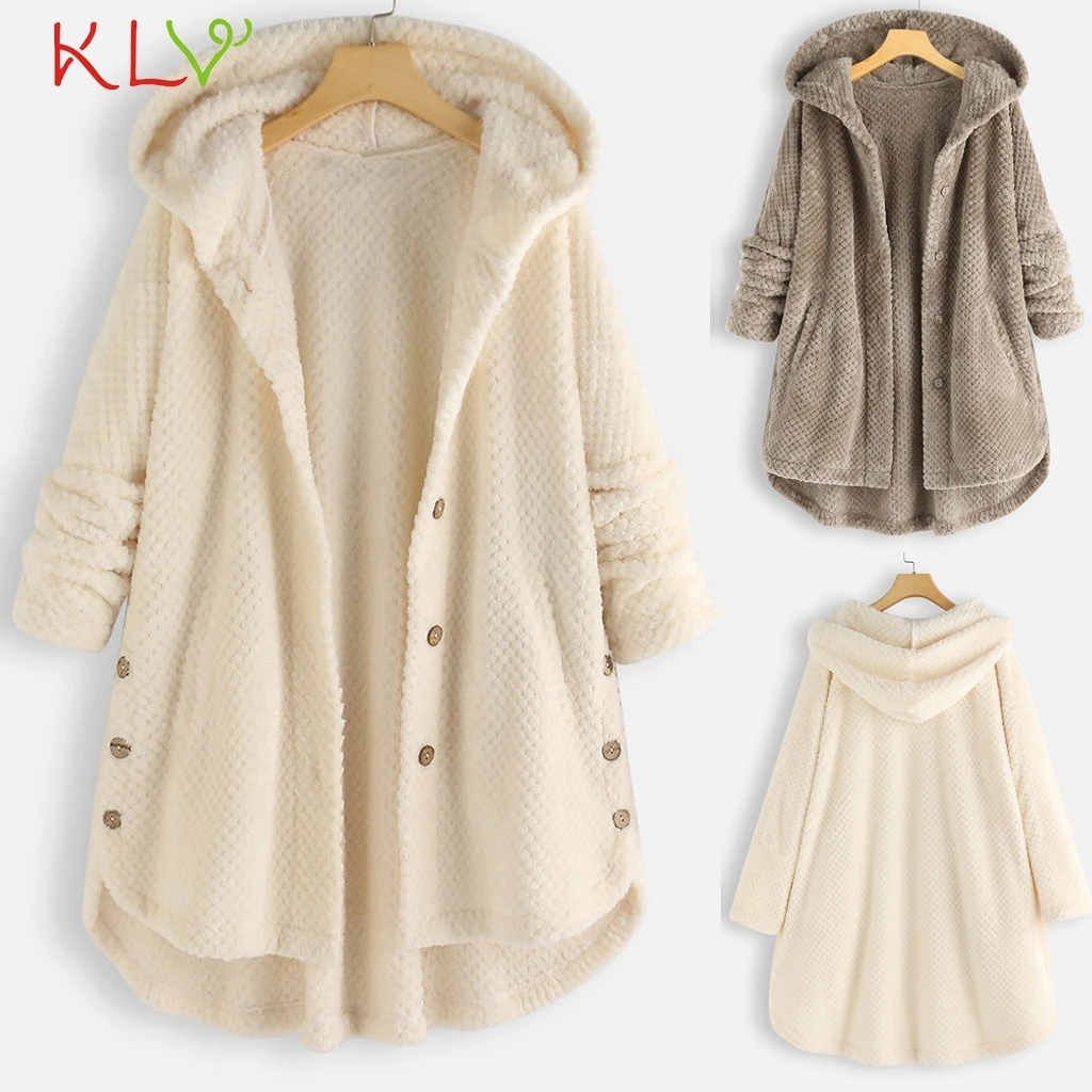 Women Jacket Hooded Fleece Pocket Warm Winter Coat Fluffy Button Casual Top Outwear Clothes Plus Size Manteau Femme 5XL 19Oct