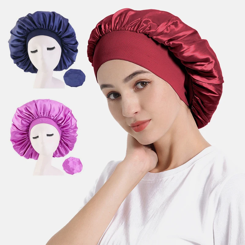 

20 Colors Sleep Night Cap Head Cover Bonnet Hat New Women Big Size Beauty Print Satin Silk Bonnet Front for Curly Resilient