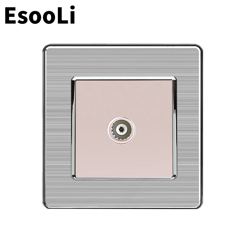 Esooli Gold 1 Gang Female TV Connector Luxury Wall Socket Outlet Stainless Steel Brushed Silver Frame Panel 86mm*86mm