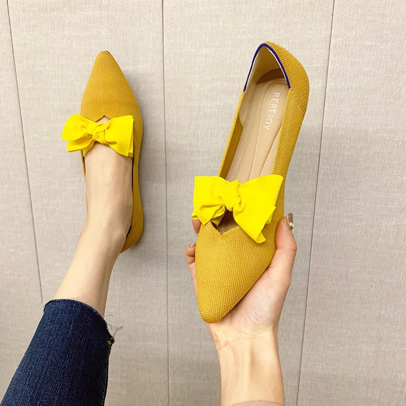 Female Shallow Knit Pointed Toe Shoes Women's Flat Shoes Ballet Single Shoes Casual Mixed Color Pregnant Shoes Zapatos De Mujer