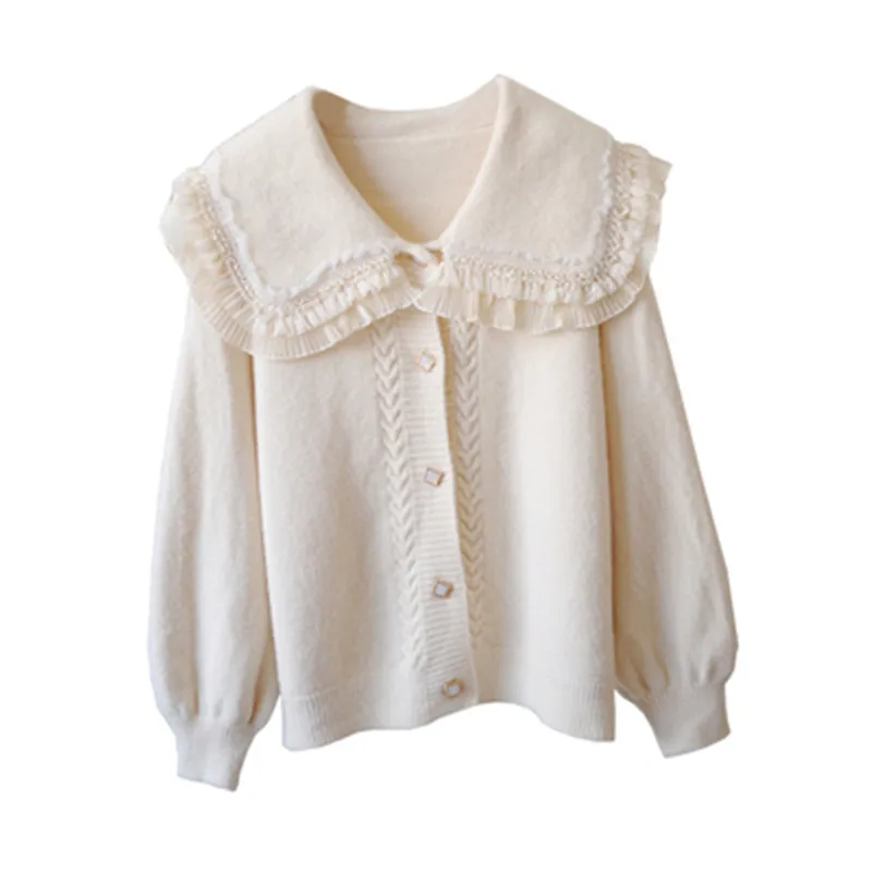 Женский трикотажный кардиган однобортный свитер с оборками и отложным