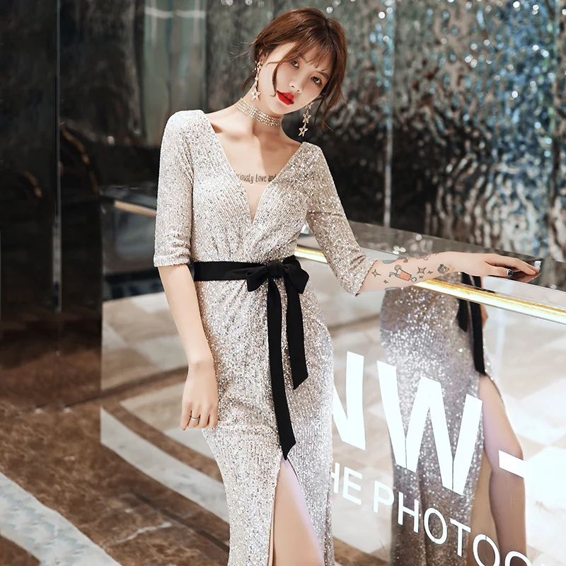 Женское вечернее платье-русалка элегантное серебристое блестящее платье с