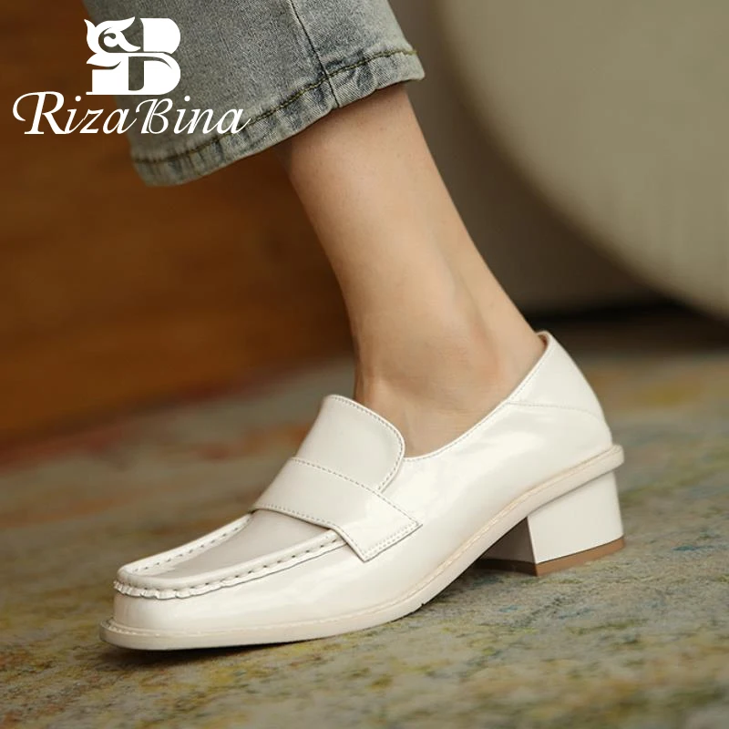 

RIZABINA/Новые модные женские сапоги выше колена из натуральной кожи; Женские туфли-лодочки на толстом каблуке, без застежки, с квадратным носко...