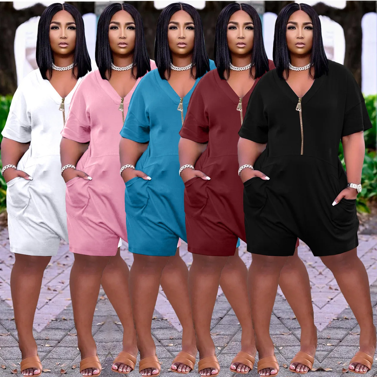 

Ladies Jumpsuits Casual Long Street Short Sleeve Pure Color Jumpsuits Fashion Zipper V-neck Home Loose Jumpsuits
