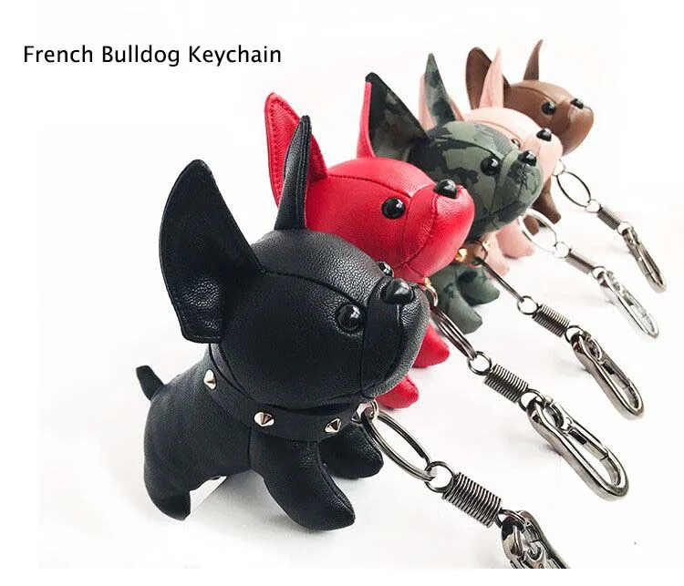 

Mini Bulldog Puppy Keychains Faux Leather Doll Key Rings Hanging Pendant Key Holder Charm Bags Decor Car Trinket Punk Chaveiros
