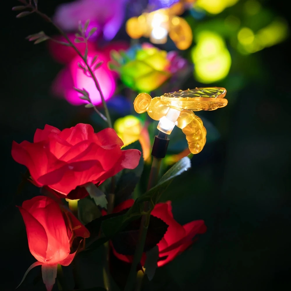 Садовые светильники на солнечной батарее, 3 уличные фигурки дорожек, колышки с 9 цветами розы, декоративные светодиодные Ландшафтные огни