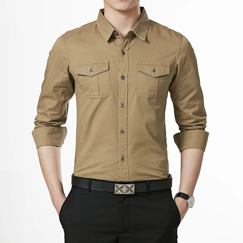 Khaki Shirt WBDDT мужские рубашки для мальчиков хлопок хаки Повседневная приталенная деловая куртка Военный длинный рукав винтажная уличная Прямая - Цвет: Khaki Shirt