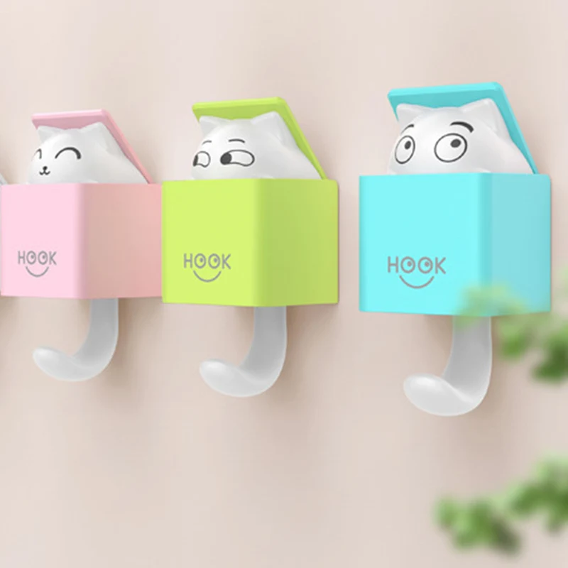 

Creative Wall Key Home Innovative Sticky Housekeeper Free Decoration Handbag Kitten Plastic Punch Hook Hat Hidden Storage Cute
